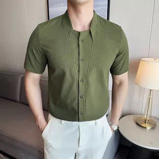 夏季立领格纹短袖衬衫商务休闲时尚免熨衬衣男CS030-P62,男装T恤,星座1606-1