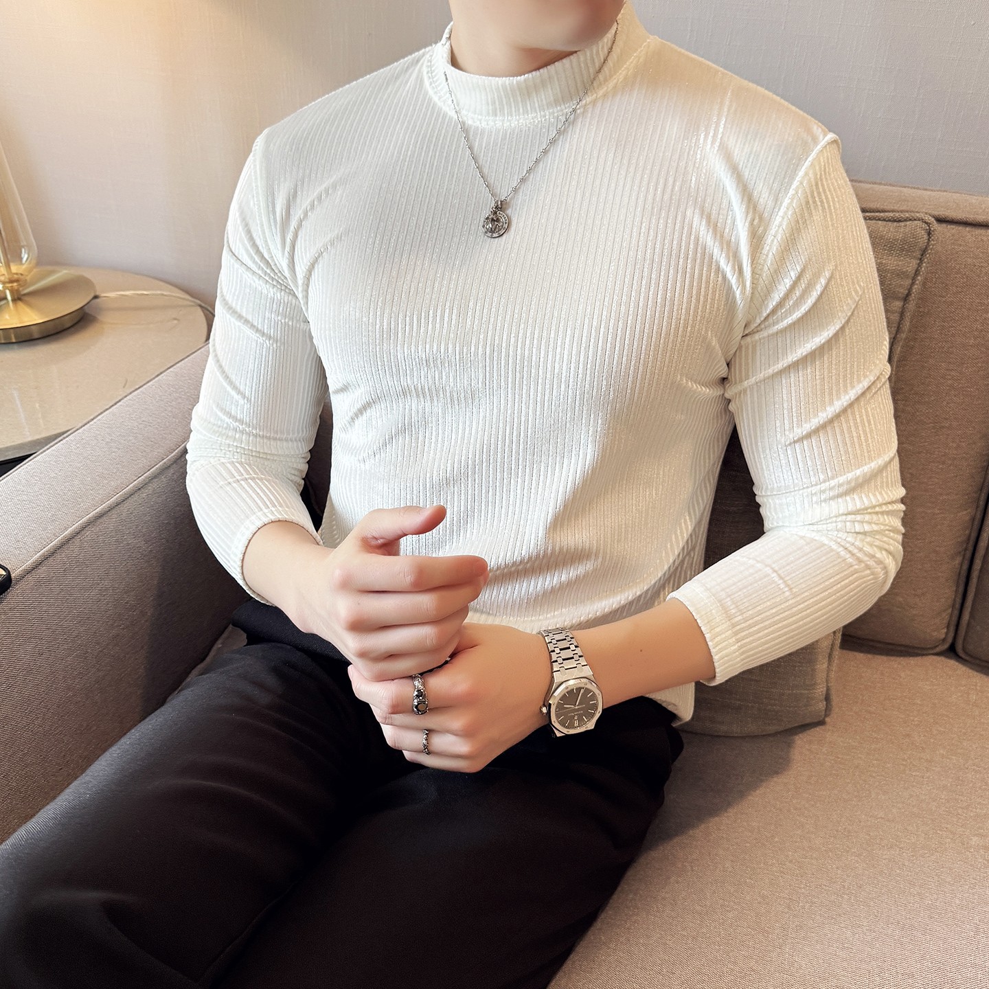 DS045-P48坑条纹半高领T恤金丝绒男士修身立体打底衫,男装T恤,星座1606-1