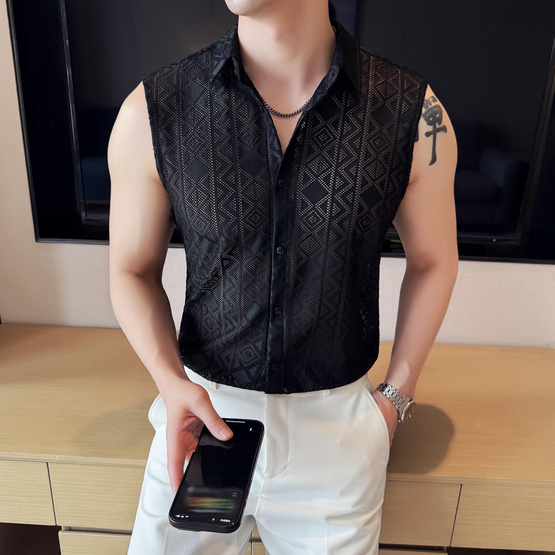 夏季镂空背心衬衫时尚休闲免熨无袖衬衣男CS032-P48，男装背心/马甲，星座1606-1