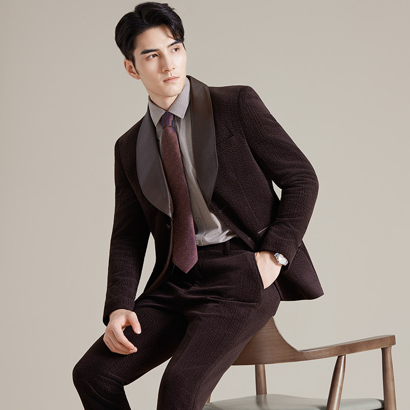 男士青果领拼皮西装时尚休闲西服套装2516-P220图片