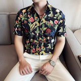 百鸟图夏季印花短袖衬衫时尚休闲免熨衬衣男CS042-P58，男装T恤，星座1606-1