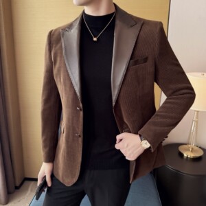 雪尼尔拼皮时尚休闲西装外套男士韩版修身西服DX58-P148图片