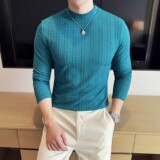DS051-P48半高领立体提花双线条纹T恤时尚百搭男士长袖打底衫，男装T恤，星座1606-1