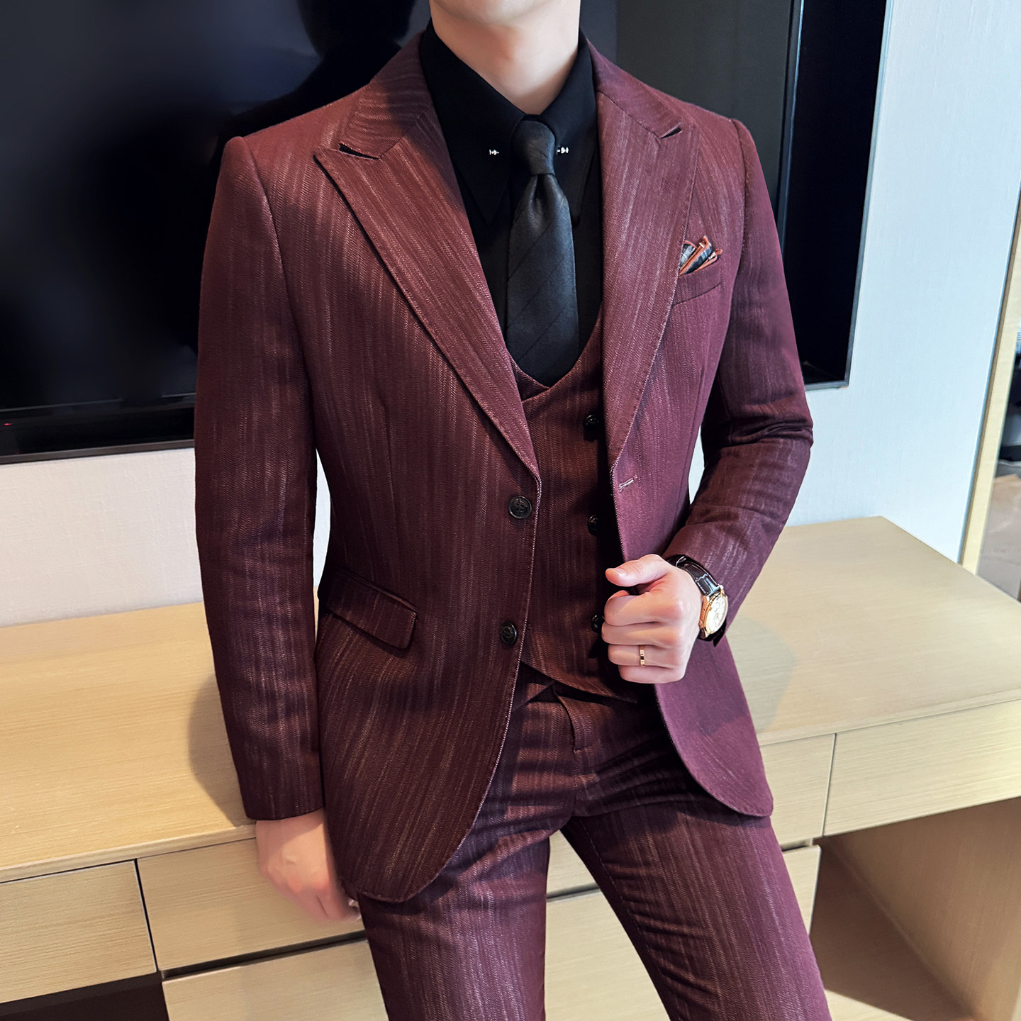 莱赛尔醋酸男士商务休闲西服韩版修身条纹西装套装2530-P285,男装西服套装,星座1606-1