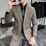 韩版修身商务西服条纹双排扣西装三件套1821-P280，男装西服套装，星座1606-1