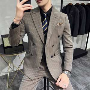韩版修身商务西服条纹双排扣西装三件套1821-P280，男装西服套装，星座1606-1