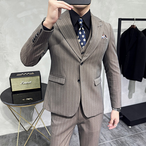 韩版修身商务西服条纹两粒扣戗驳领西装套装1816-P280图片