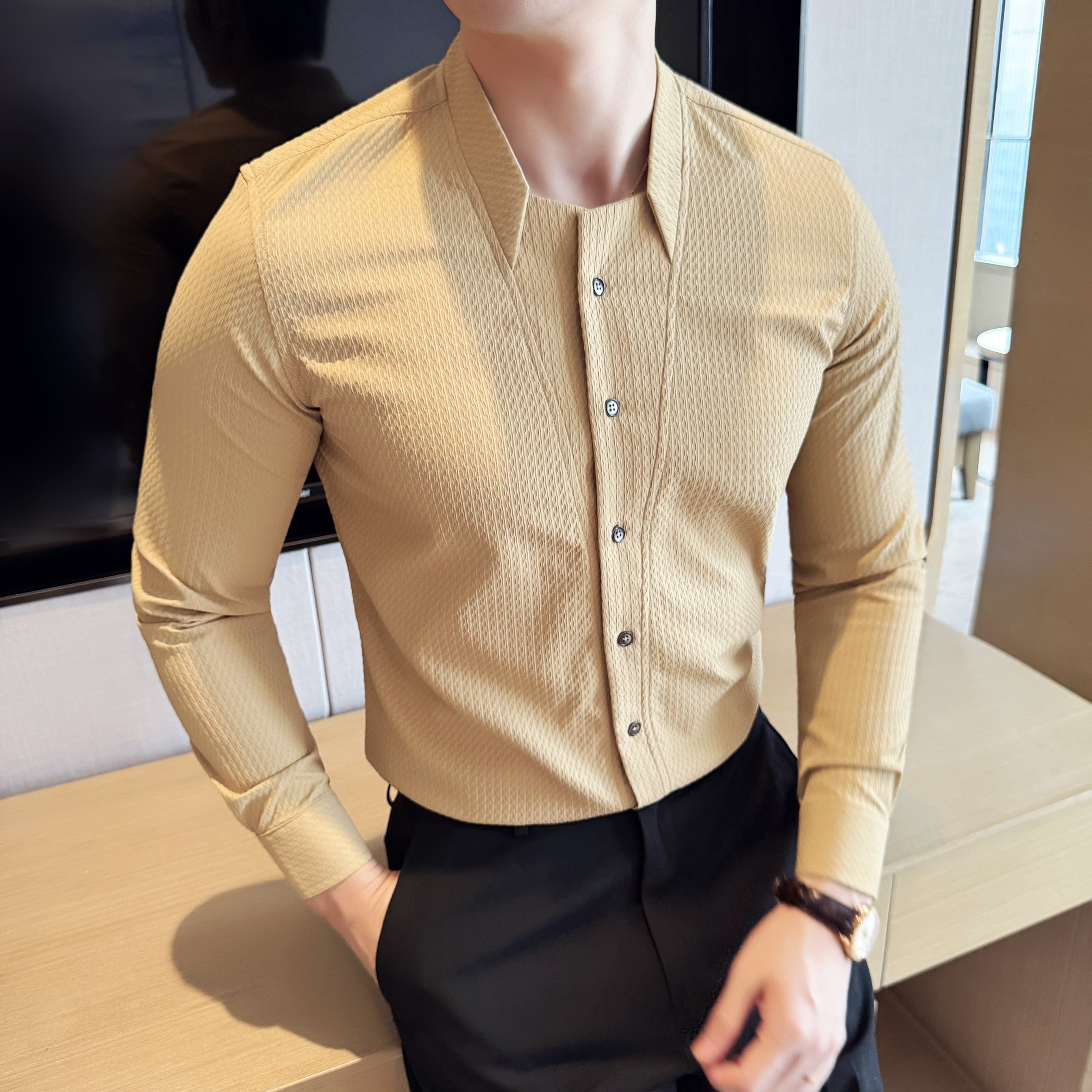 男士立领格纹长袖衬衫商务休闲时尚免熨衬衣男CS047-P63,男装衬衫,星座1606-1