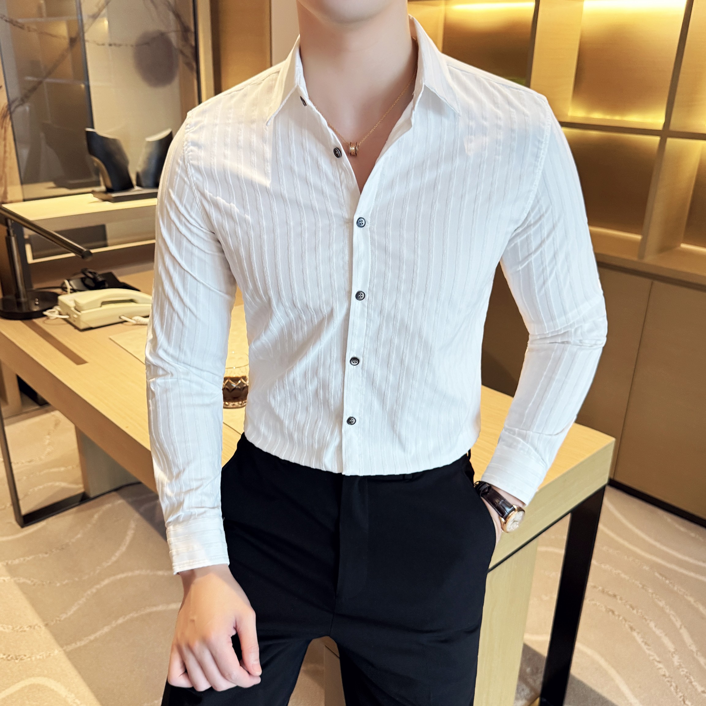 雪尼尔条纹男士衬衣时尚休闲免熨衬衫CS046-P63,男装衬衫,星座1606-1