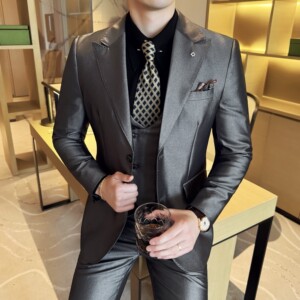 男士商务休闲西装韩版修身纯色光亮版定制西服三件套2517-P280图片