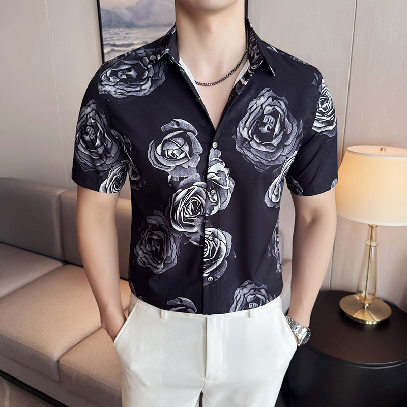 夏季印花短袖衬衫冰丝时尚休闲免熨衬衣男CS024-P58图片