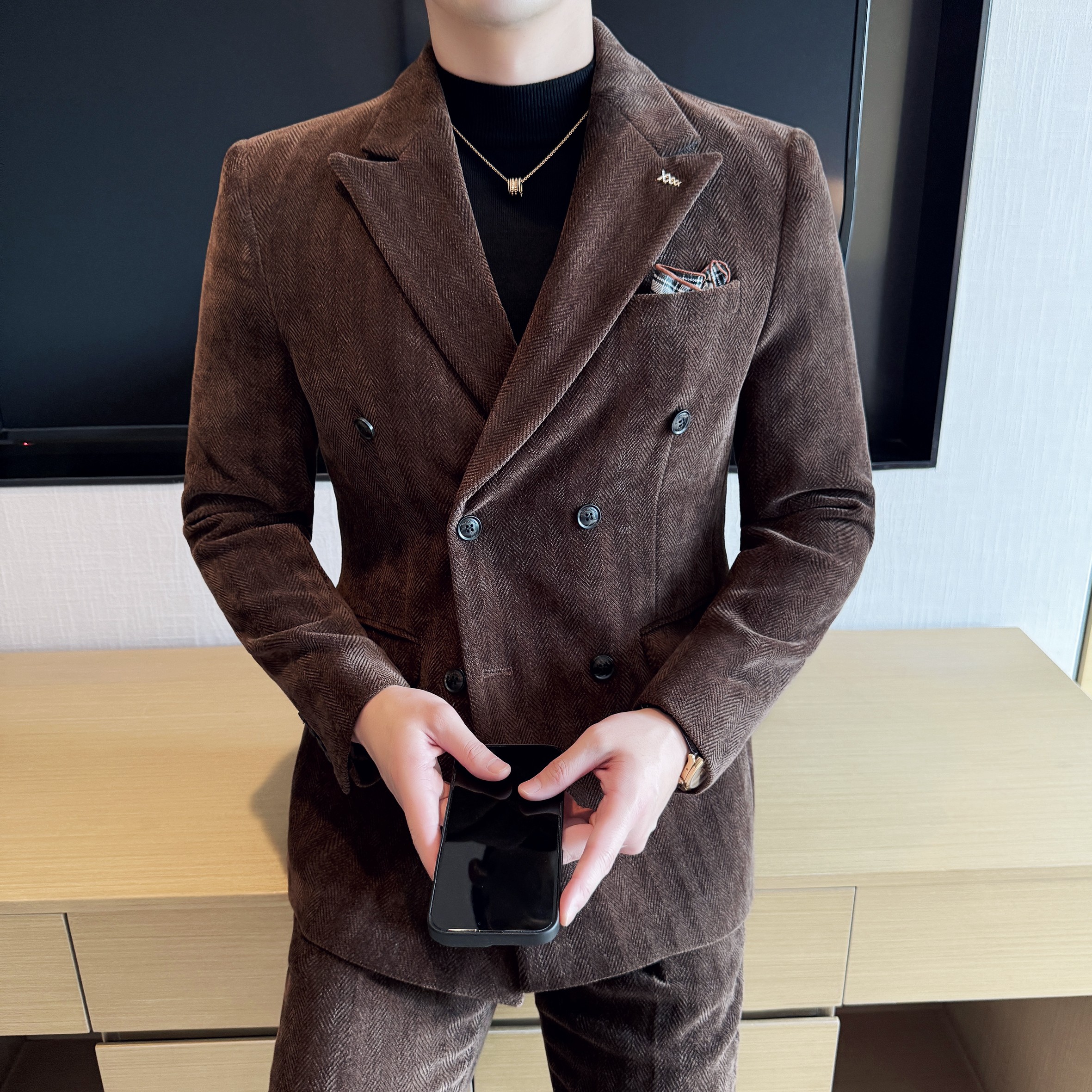 雪尼尔人字纹男士商务休闲西服双排扣西装套装2527-P220,男装西服套装,星座1606-1