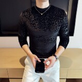 DS040-P48金丝绒豹纹提花半高领男士长袖T恤修身立体打底衫，男装T恤，星座1606-1