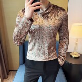 DS042-P50金丝绒玫瑰印花V领男士长袖T恤修身立体打底衫，男装T恤，星座1606-1