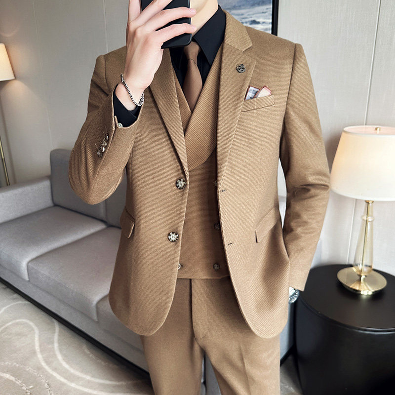 华夫格毛呢西服韩版修身商务西装三件套1851-P280图片