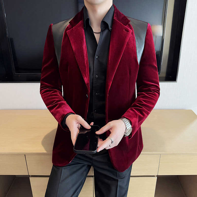 丝光绒韩版修身西服拼皮时尚休闲西装外套DX36-P148,男装西服套装,星座1606-1