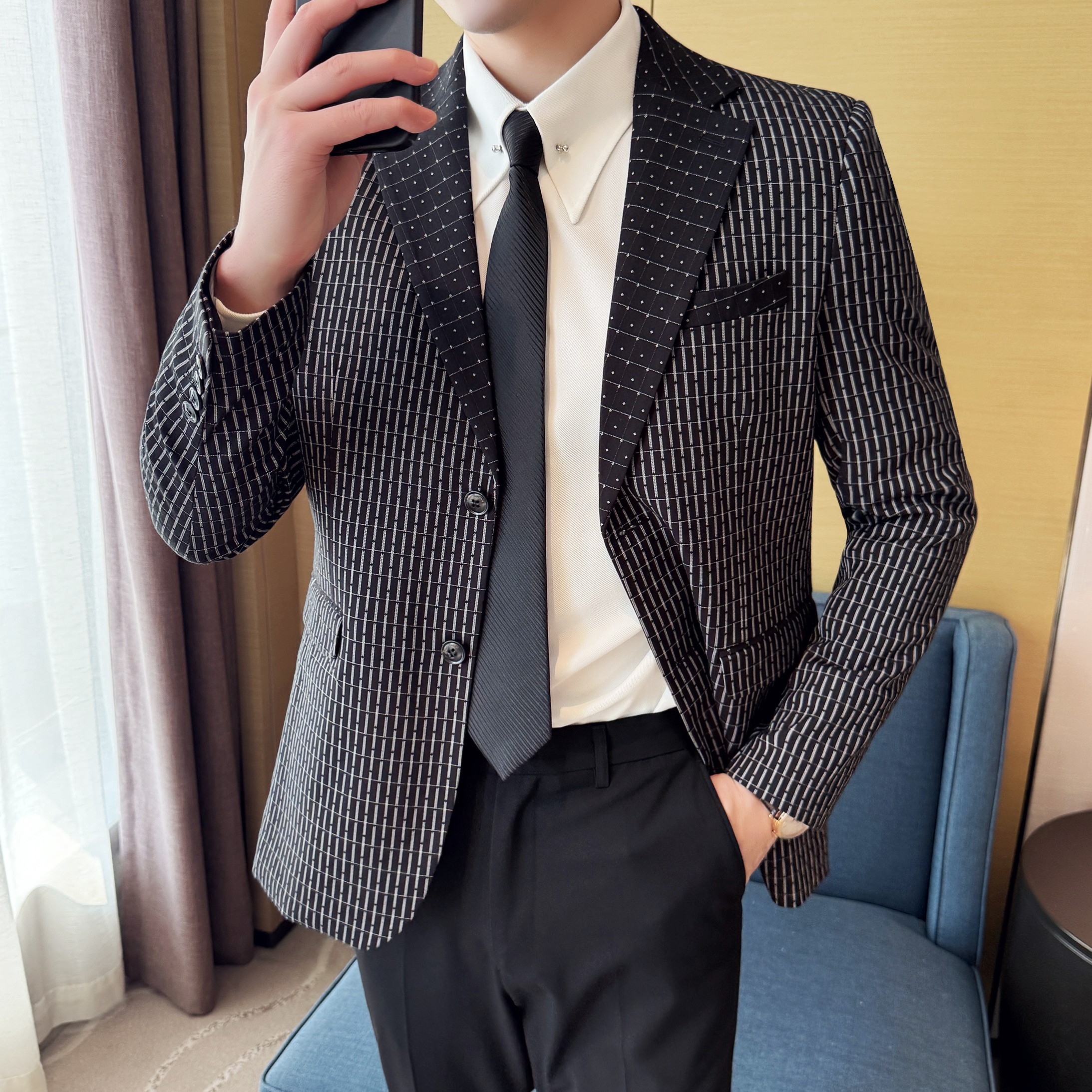 韩版修身西服时尚休闲撞色西装外套DX52-P148，男装西服套装，星座1606-1