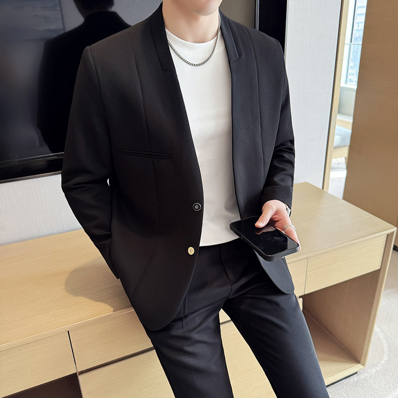 无领新中式西装微宽松版型长袖西服磁吸纽扣西服套装2505-P230,男装西服套装,星座1606-1