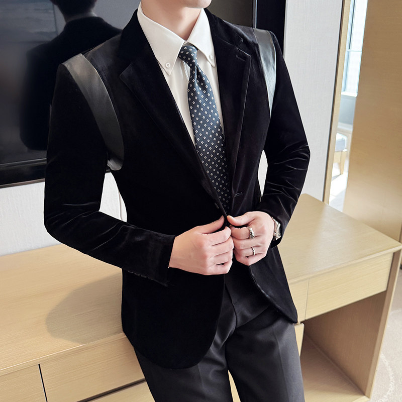 丝光绒韩版修身西服拼接时尚休闲西装外套DX34-P148,男装西服套装,星座1606-1