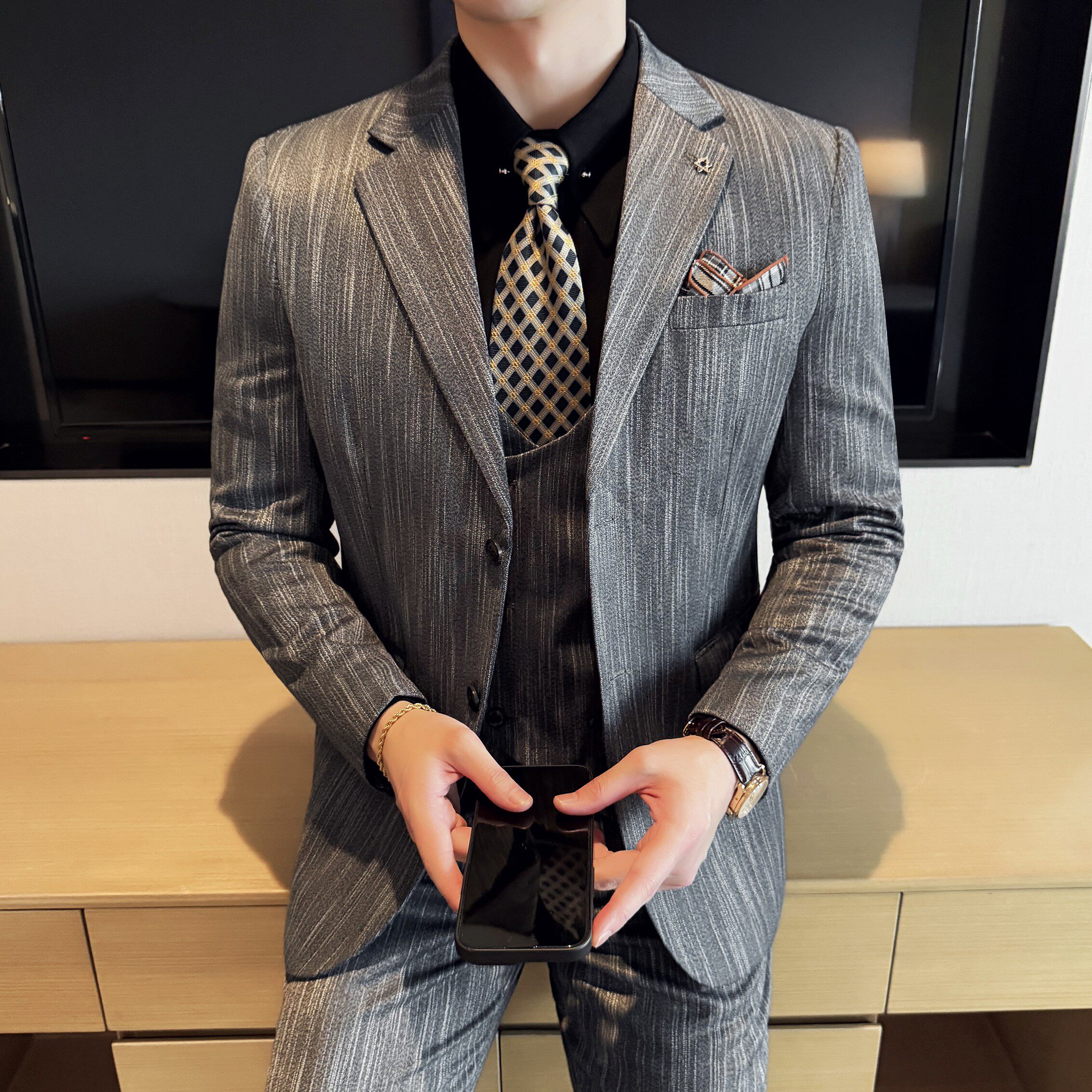 男士商务休闲西服流星雨条纹时尚潮流西装三件套2524-P280,男装西服套装,星座1606-1