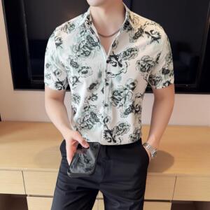 夏季印花短袖衬衫冰丝时尚休闲免熨衬衣男CS027-P58图片