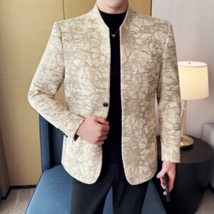 中式立领提花时尚休闲西装外套男士韩版修身西服DX61-P158图片