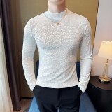 DS040-P48金丝绒豹纹提花半高领男士长袖T恤修身立体打底衫，男装T恤，星座1606-1