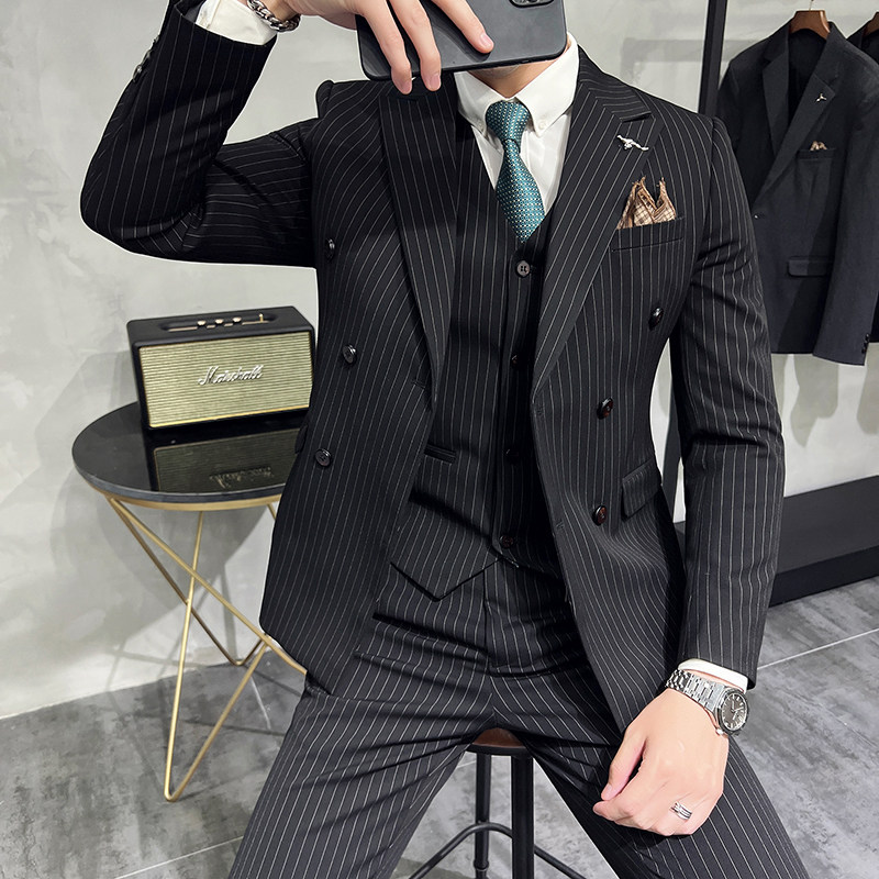 韩版修身商务西服双排扣条纹西装三件套1820-P270,男装西服套装,星座1606-1