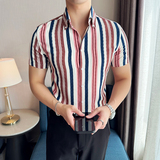 夏季新款韩版修身时尚彩色条纹衬衫短袖上衣男2812-P58，男装T恤，星座1606-1