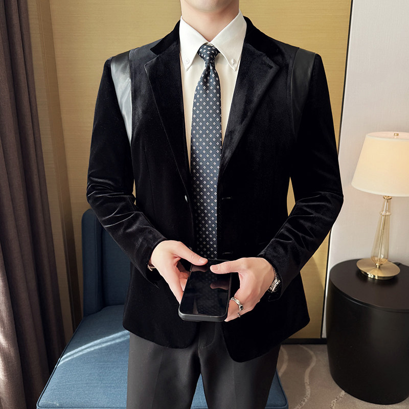丝光绒韩版修身西服拼接时尚休闲西装外套DX34-P148,男装西服套装,星座1606-1
