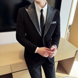 雪尼尔拼皮时尚休闲西装外套男士韩版修身西服DX58-P148图片