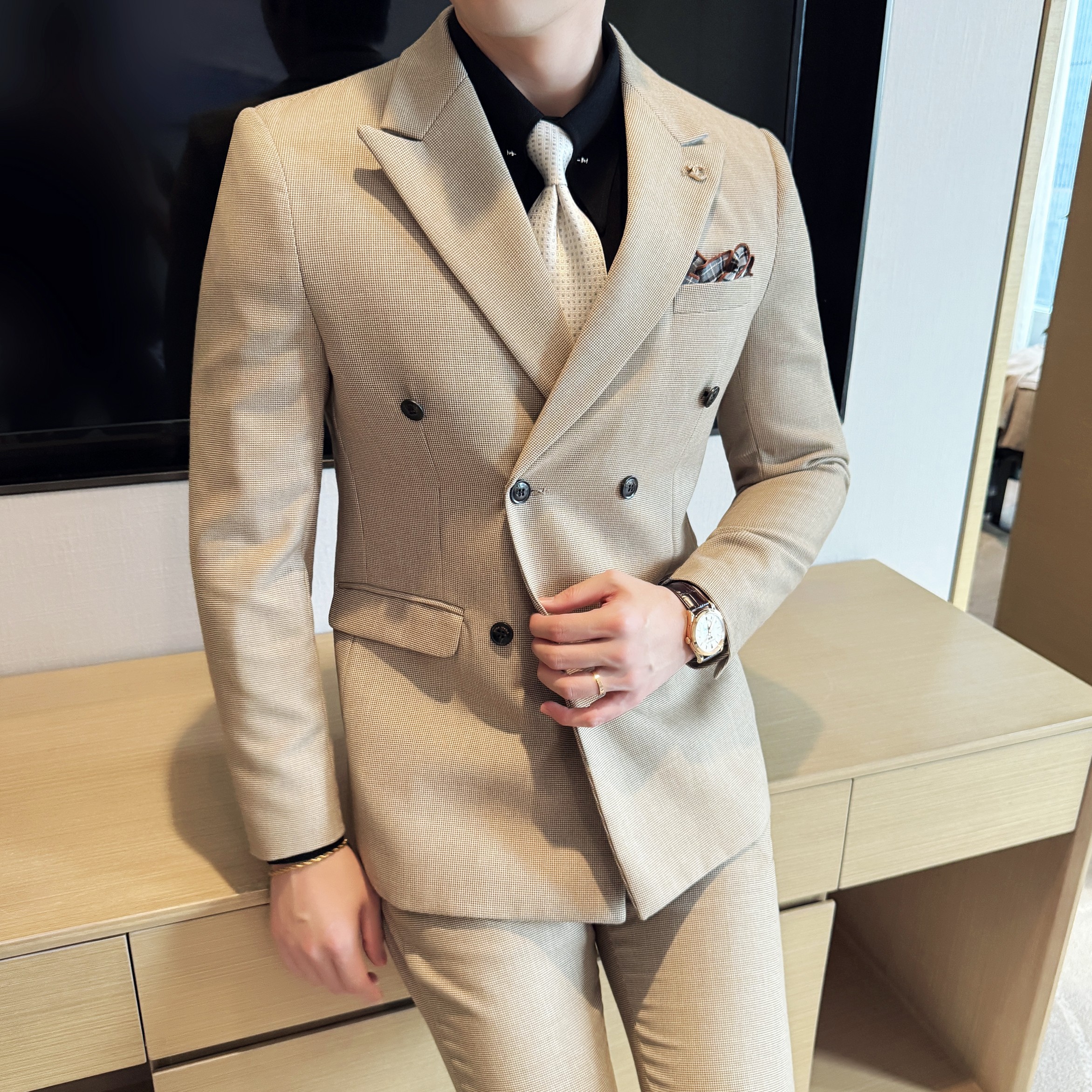 男士商务休闲西装华夫格韩版修身双排扣西服三件套2522-P285,男装西服套装,星座1606-1