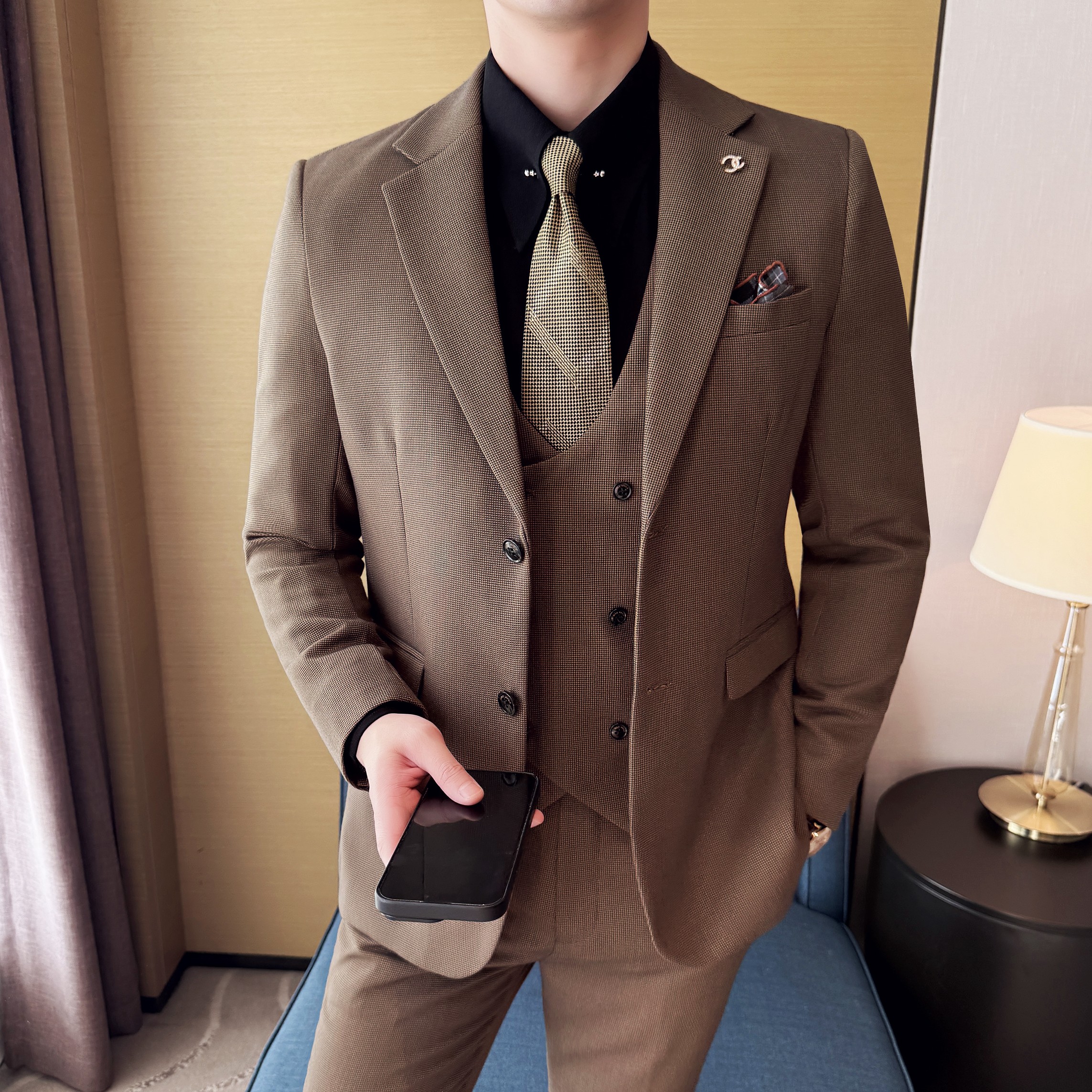 男士商务休闲西装华夫格韩版修身西服三件套2521-P280,男装西服套装,星座1606-1