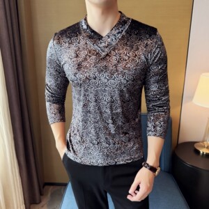 DS042-P50金丝绒玫瑰印花V领男士长袖T恤修身立体打底衫图片