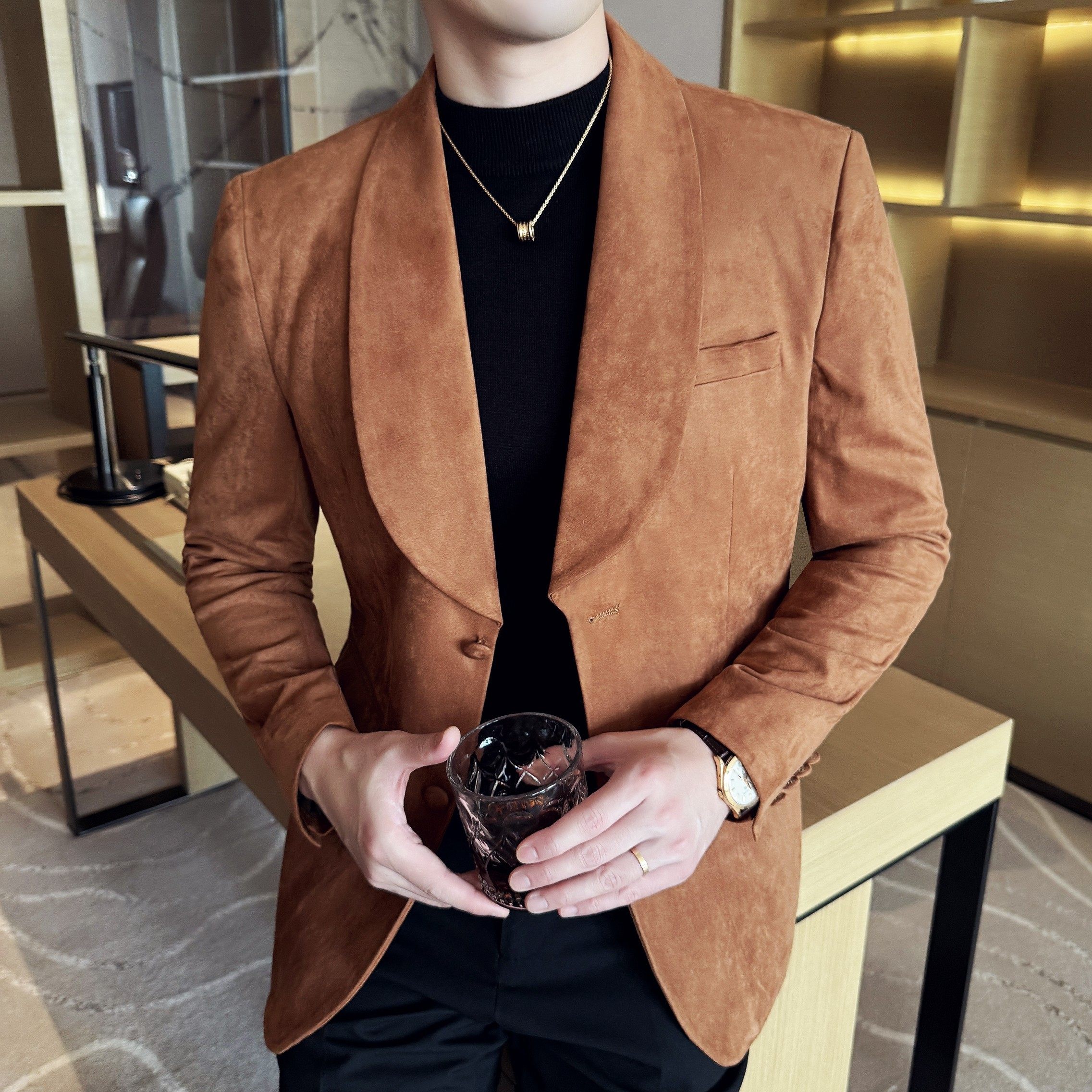 男士青果领时尚休闲西服牛皮绒西装外套DX54-P148图片