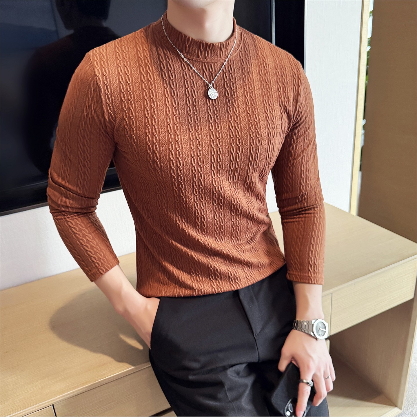 DS051-P48半高领立体提花双线条纹T恤时尚百搭男士长袖打底衫,男装T恤,星座1606-1