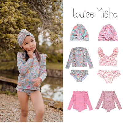 女童浪漫花朵泳衣短裤泳帽套装