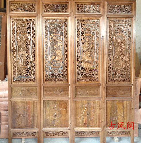 仿古屏风隔断四季花鸟镂空中式