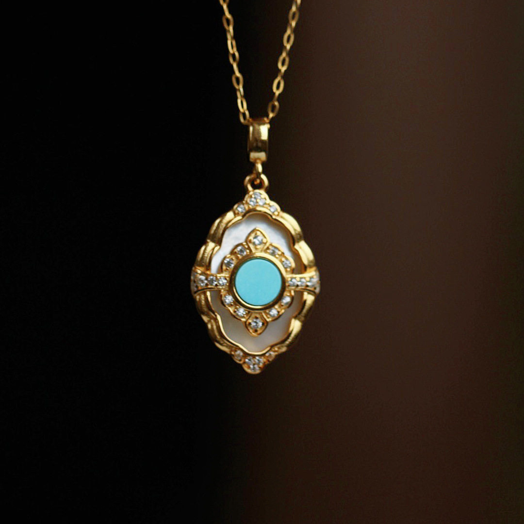 天然湖北原矿天使之眼吊坠绿松石s925银镶嵌白贝母蓝松石吊坠项链