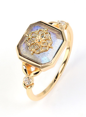 日系复古S925银灰蓝光拉长石女戒