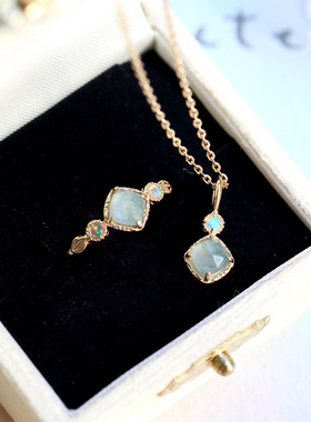 日系925银菱形天河石项链戒指