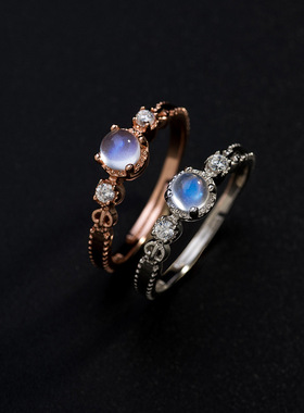 轻奢月光石925银玫瑰金开口戒指