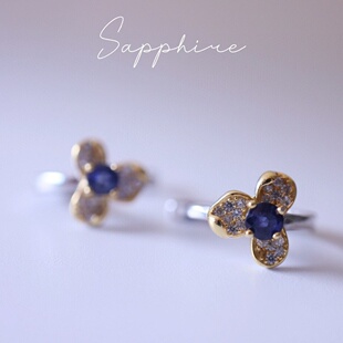 天然蓝宝石三叶草耳扣s925纯银分色电镀金百搭春夏三瓣花银耳钉