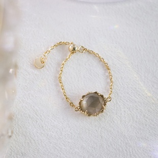 新品天然茶晶链条戒指双面佩戴可调节链条指环日系小众设计双面戴