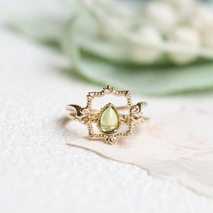 日系轻奢珠宝 绿芽鲜花 天然橄榄石 简约百搭套装银镀14k金戒指