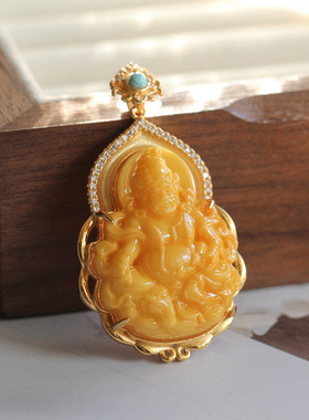 天然老蜜蜡黄财神S925镶嵌项链