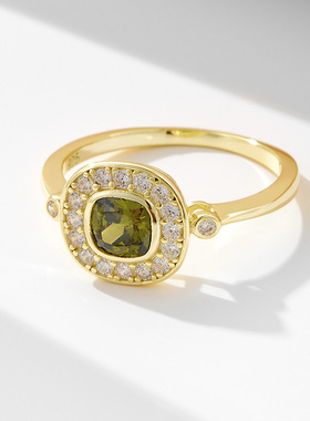 S925纯银橄榄绿锆石复古女戒