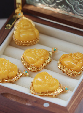 天然蜜蜡鸡油黄S925银镶佛吊坠