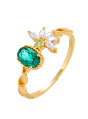 敦丽珠宝2023年新款 日系小众复古风S925银镀14K金绿水晶白锆戒指