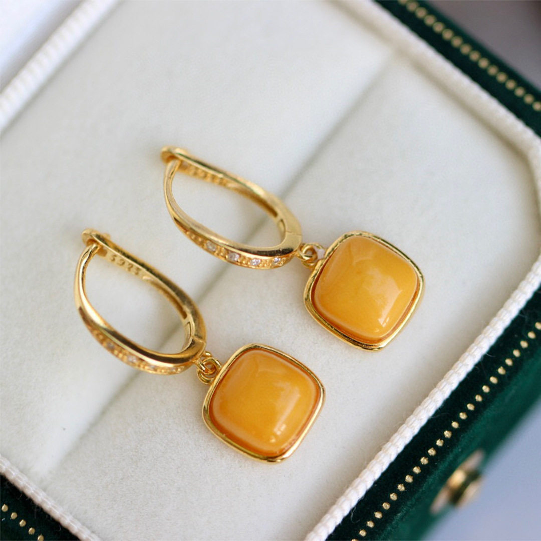 天然老蜜蜡耳坠S925纯银镀金方形琥珀蜜蜡耳扣百搭女士耳坠